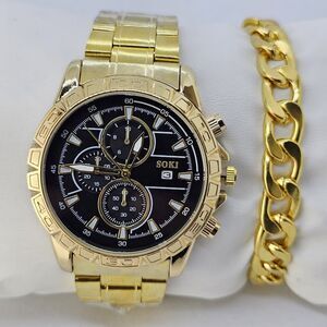Men's Watch‎ Bracelet Set 43MM Black Dial Date Gold Bracelet Band 8" Wrist